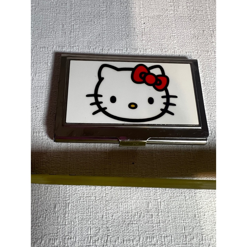 Sanrio Hello Kitty Metal Business Card Holder Case Silver Chrome Red Bow 2011